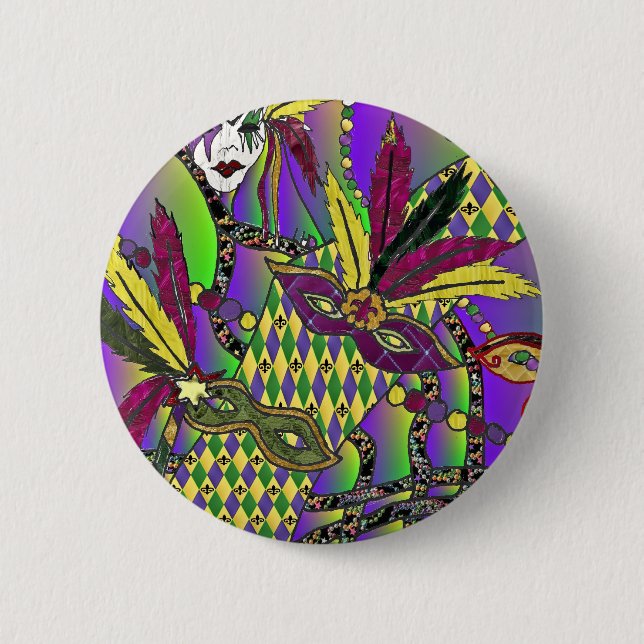 Psychedeliska Mardi Gras Fjädermasker Knapp (Framsida)