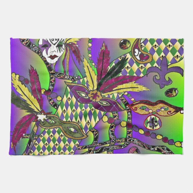 Psychedeliska Mardi Gras Fjädermasker Kökshandduk (Horisontell)