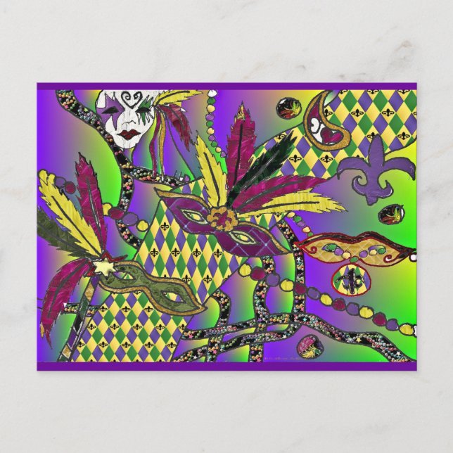 Psychedeliska Mardi Gras Fjädermasker Presenter Kl Vykort (Framsida)