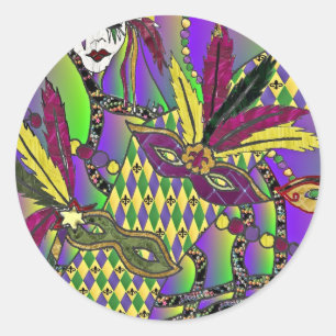 Psychedeliska Mardi Gras Fjädermasker Runt Klistermärke