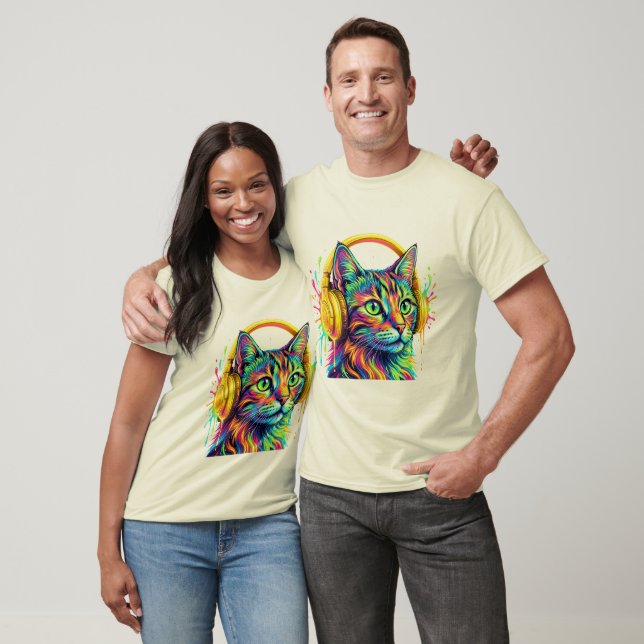 Psychedeliska neon katt hörlurar konst t shirt (Unisex)