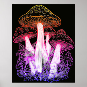 Psychedeliska Svampar Svart Bakgrund På en Vägg Poster