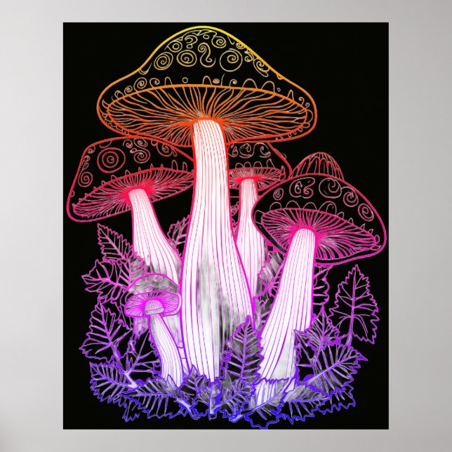 Psychedeliska Svampar Svart Bakgrund På en Vägg Poster (Framsidan)