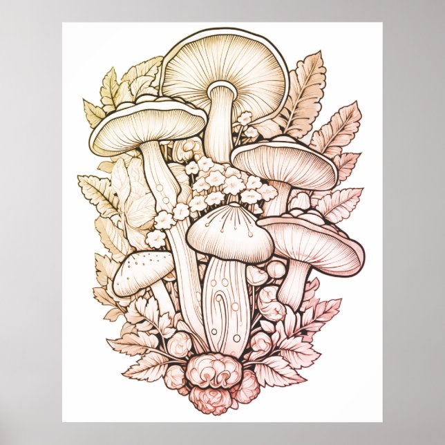 Psychedeliska Svampar Svart Bakgrund På en Vägg Poster (Framsidan)
