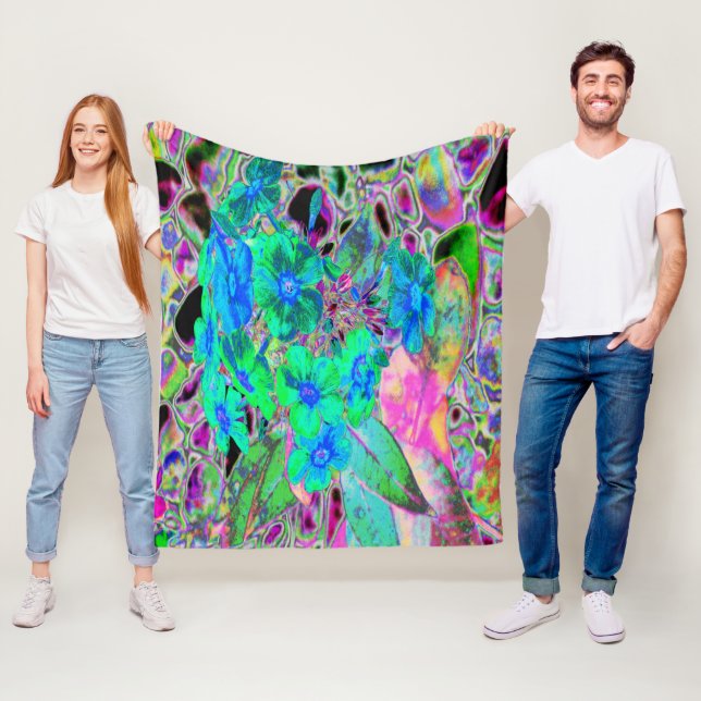 Psychedeliska Trippiga Limegröna och Blå Blommor Fleecefilt (På plats)