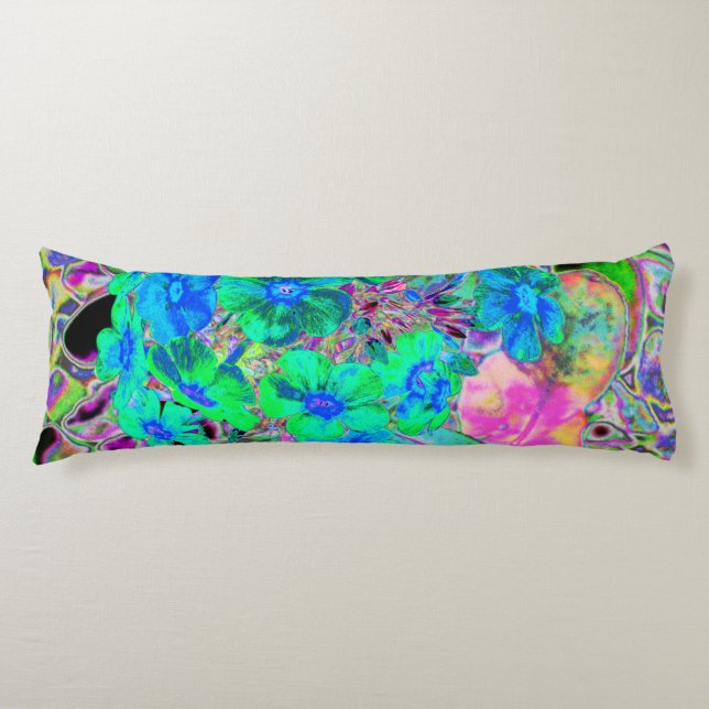 Psychedeliska Trippiga Limegröna och Blå Blommor Kroppskudde (Framsidan)