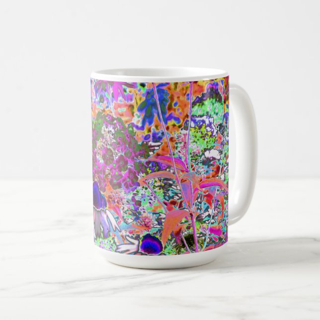 Psychedeliska varma rosa och limegröna trädgårdsbl kaffemugg (Framsida höger)