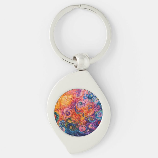 Psychedeliska virvlar oljemålning swirl silverfärgad nyckelring (Framsidan)