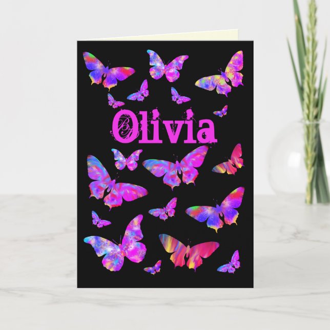 Psyke-delisk Rosa Fjäril Pop Art Olivia Namn Helgkort (Framsida)
