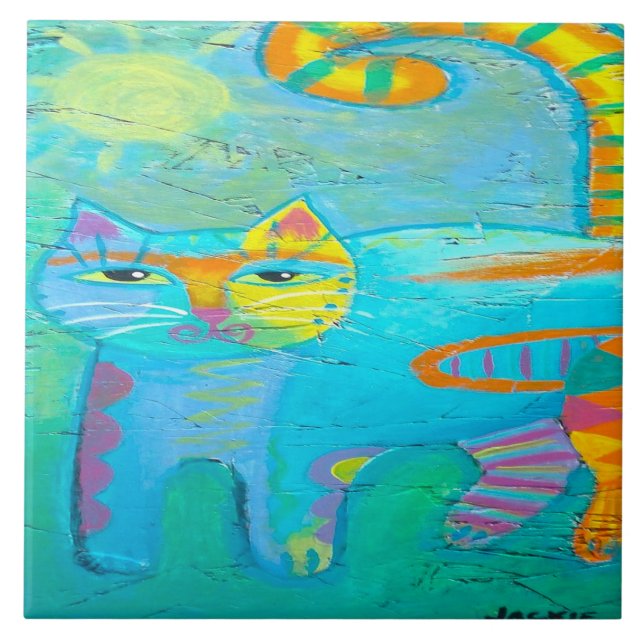 Psykedelisk Abstrakt Cat Painting Kakelplatta (Framsidan)