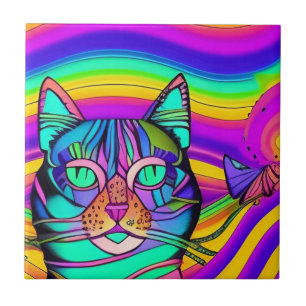 Psykedelisk allvarlig kattfärgad lila fuschia kakelplatta