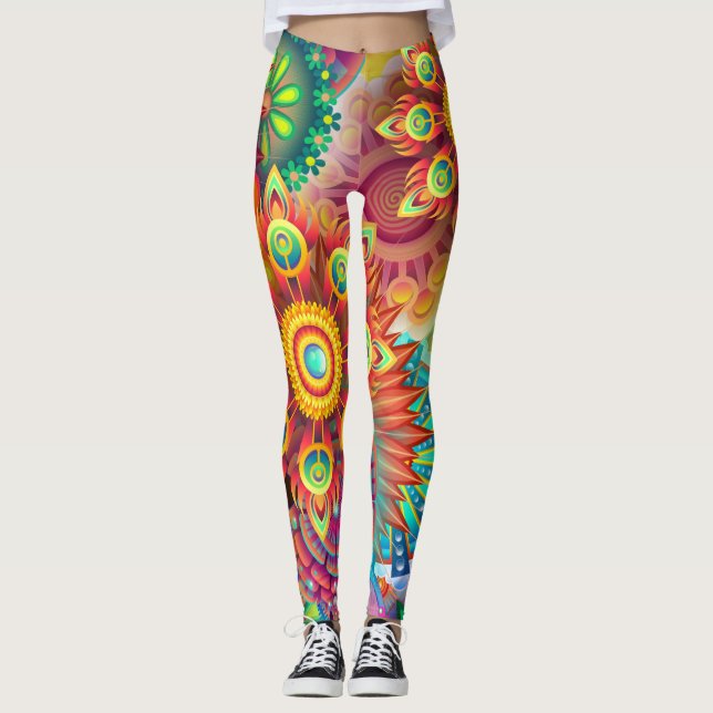 Psykedelisk Blommigt Hippie Boho Mandala Leggings (Framsida)