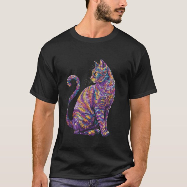 Psykedelisk Cat Rainbow Färg Vibrant Art Fractal T Shirt (Framsida)