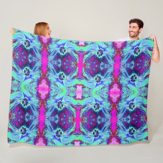 Psykedelisk Grönt och Blue Hibiscus Mönster Fleecefilt (På plats)