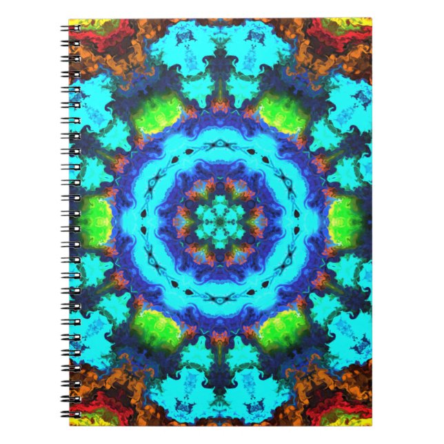 Psykedelisk Hippie Flower Blue-Orange och -Grönt Anteckningsbok (Framsidan)