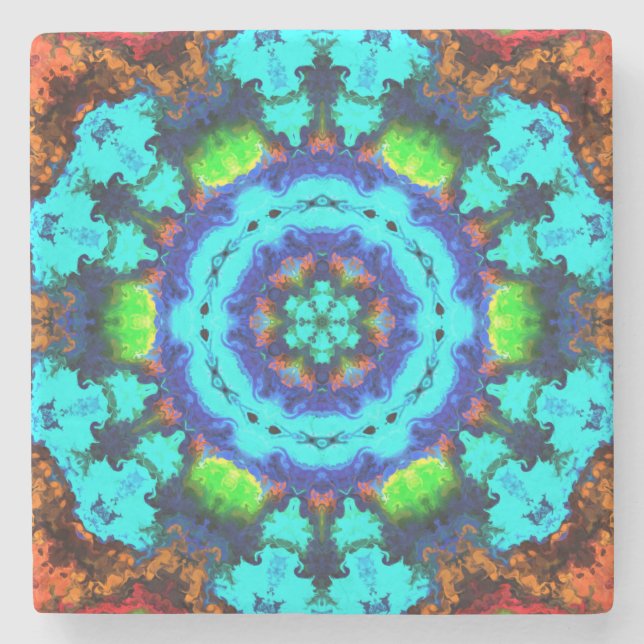 Psykedelisk Hippie Flower Blue-Orange och -Grönt Stenunderlägg (Framsidan)