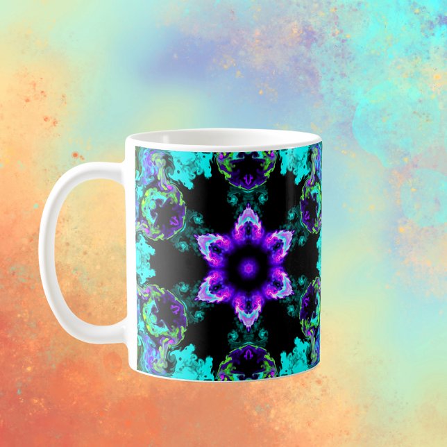 Psykedelisk Hippie Flower Lila Teal and Black Kaffemugg (Skapare uppladdad)