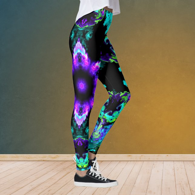 Psykedelisk Hippie Flower Lila Teal and Black Leggings (Skapare uppladdad)