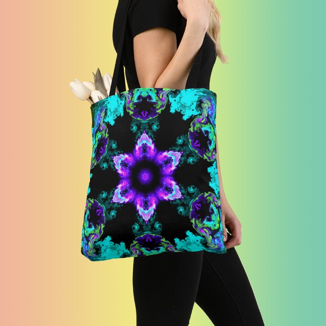 Psykedelisk Hippie Flower Lila Teal and Black Tygkasse (Skapare uppladdad)