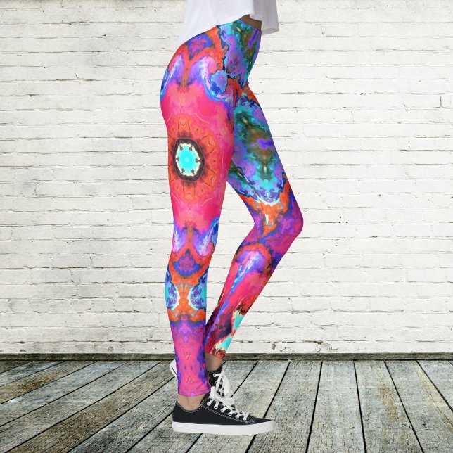 Psykedelisk Hippie Flower Rosa Blue och Orange Leggings (Skapare uppladdad)
