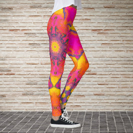 Psykedelisk Hippie Flower Rosa Lila och Gult Leggings