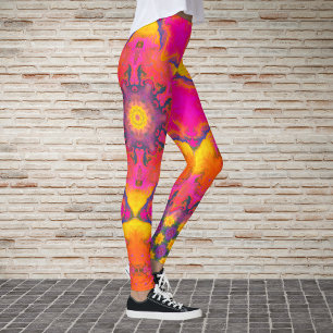 Psykedelisk Hippie Flower Rosa Lila och Gult Leggings