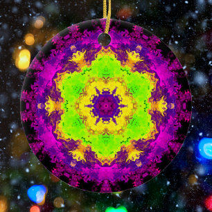 Psykedelisk Kaleidoscope Grönt Gult och Lila Julgransprydnad Keramik