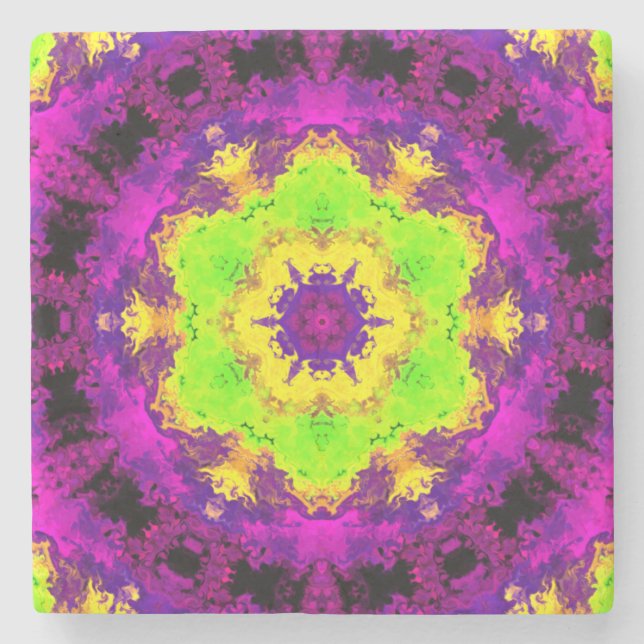 Psykedelisk Kaleidoscope Grönt Gult och Lila Stenunderlägg (Framsidan)
