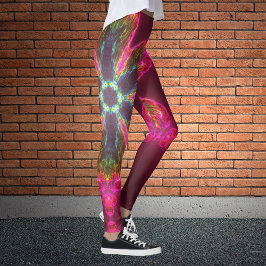 Psykedelisk Kaleidoskop Flower Grönt and Rosa Leggings