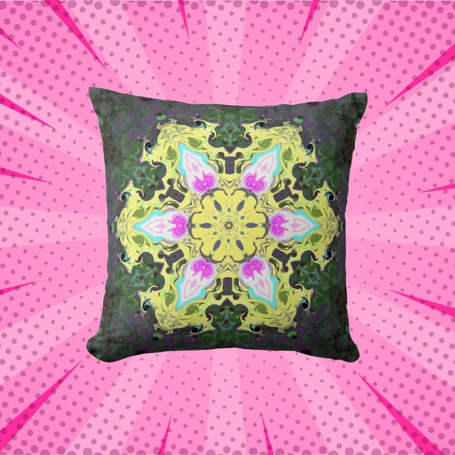 Psykedelisk Kaleidoskop Flower Gult and Rosa Kudde (Skapare uppladdad)