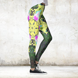 Psykedelisk Kaleidoskop Flower Gult and Rosa Leggings