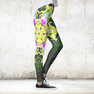 Psykedelisk Kaleidoskop Flower Gult and Rosa Leggings