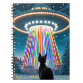 Psykedelisk katt & UFO | Funny Alien Abduction Art Anteckningsbok