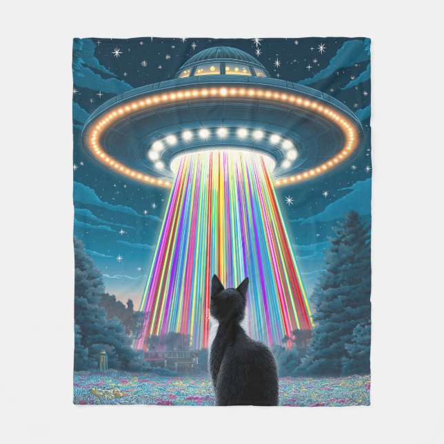 Psykedelisk katt & UFO | Funny Alien Abduction Art Fleecefilt (Framsidan)