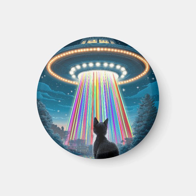 Psykedelisk katt & UFO | Funny Alien Abduction Art Magnet (Framsidan)