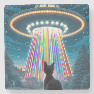 Psykedelisk katt & UFO | Funny Alien Abduction Art Stenunderlägg