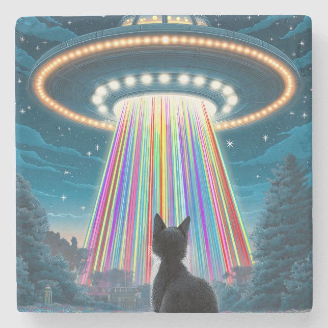 Psykedelisk katt & UFO | Funny Alien Abduction Art Stenunderlägg (Framsidan)