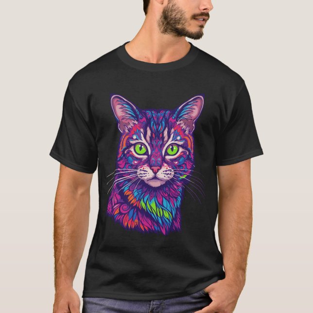 Psykedelisk kattillustration t shirt (Framsida)