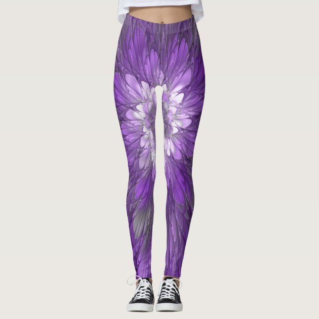 Psykedelisk Lila Flower Abstrakt Fractal Art Leggings (Framsida)