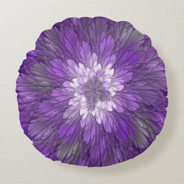 Psykedelisk Lila Flower Abstrakt Fractal Art Rund Kudde (Framsidan)