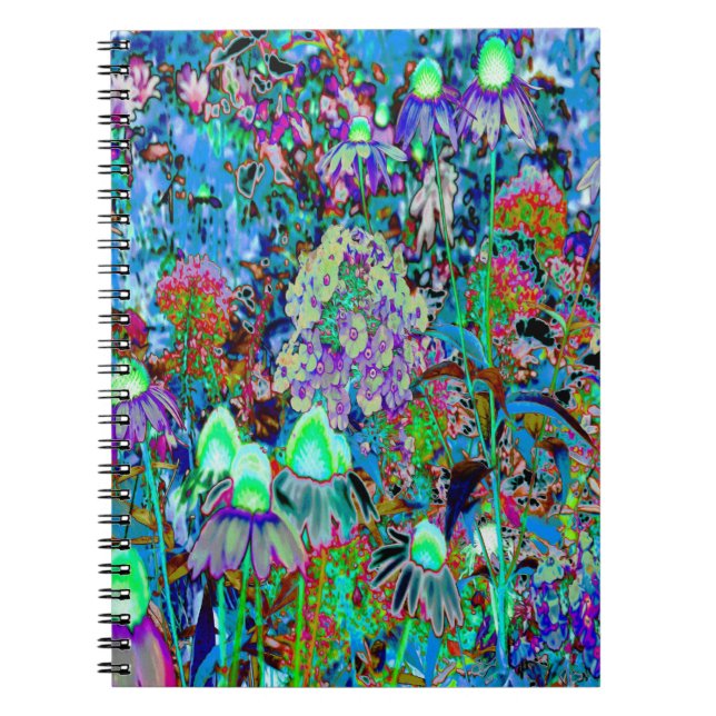 Psykedelisk Lila och Lime Green Garden Flowers Anteckningsbok (Framsidan)
