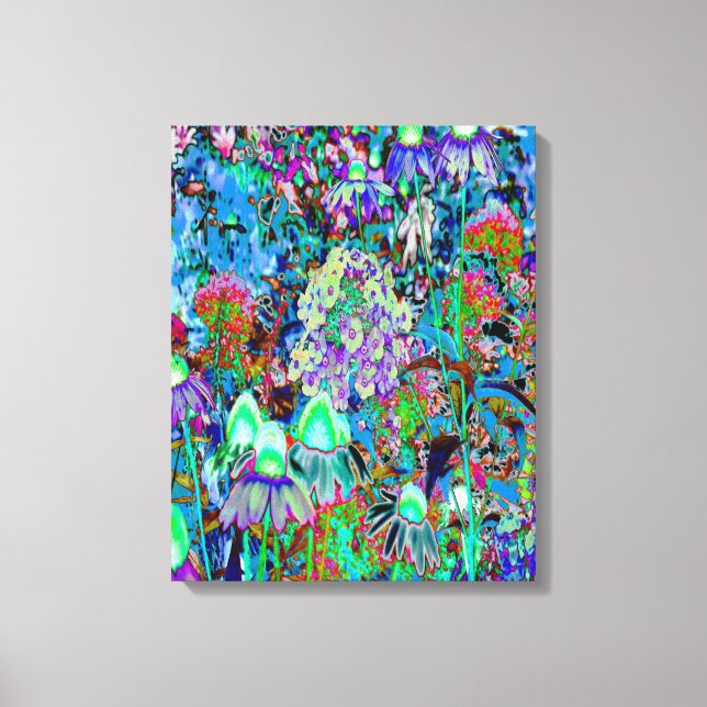 Psykedelisk Lila och Lime Green Garden Flowers Canvastryck (Framsida)