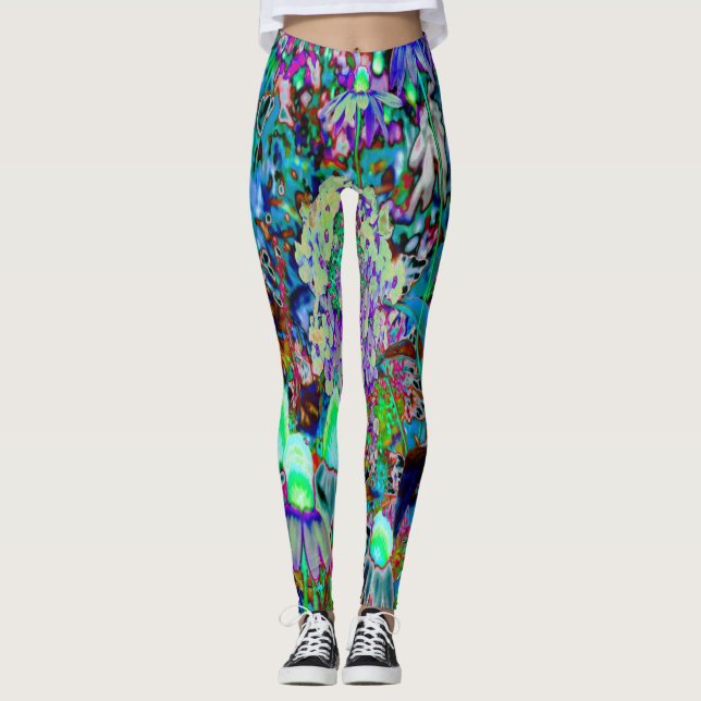 Psykedelisk Lila och Lime Green Garden Flowers Leggings (Framsida)