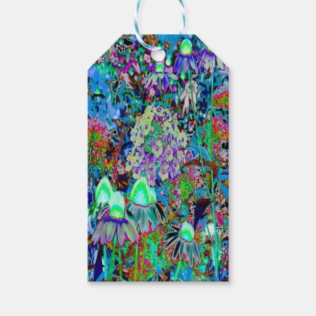 Psykedelisk Lila och Lime Green Garden Flowers Presentetikett (Framsidan)