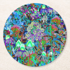 Psykedelisk Lila och Lime Green Garden Flowers Underlägg Papper Rund