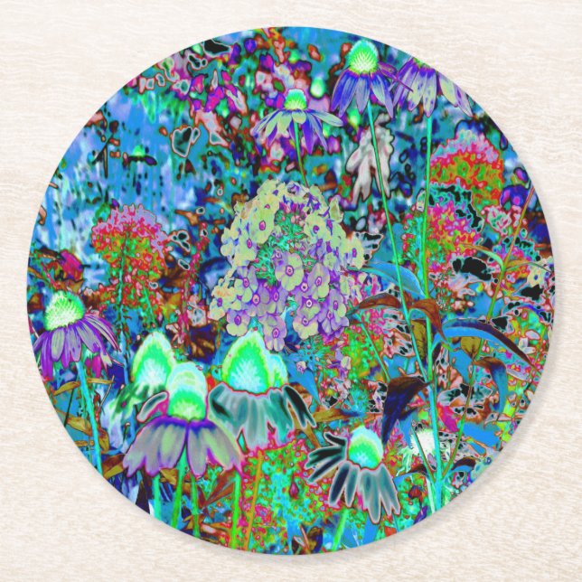 Psykedelisk Lila och Lime Green Garden Flowers Underlägg Papper Rund (Framsidan)