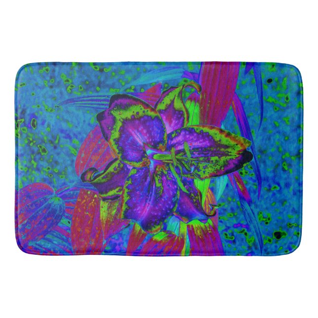 Psykedelisk Lila och Lime Green Lily Flower Badrumsmatta (Framsidan)