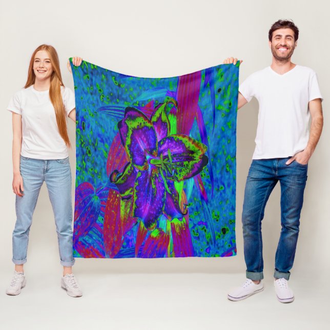 Psykedelisk Lila och Lime Green Lily Flower Fleecefilt (På plats)