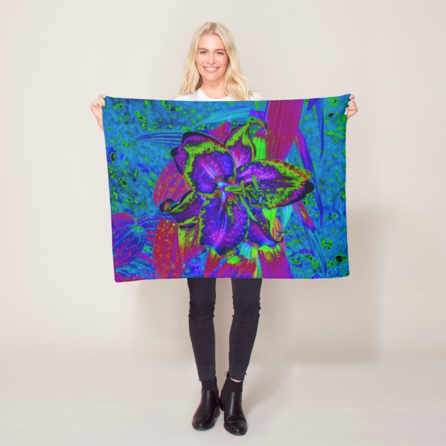 Psykedelisk Lila och Lime Green Lily Flower Fleecefilt (På plats)