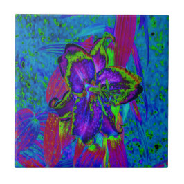 Psykedelisk Lila och Lime Green Lily Flower Kakelplatta